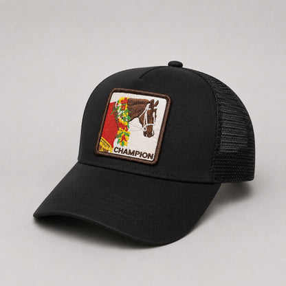 Gorro Trucker Champion Negro | Patch Caballo Bordado