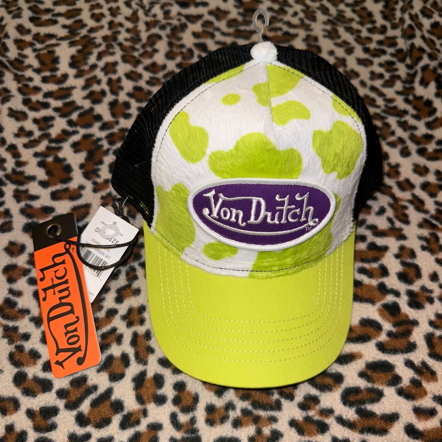 Gorra Von Dutch Vegan Pony Hair Trucker Hat -Lime Green Cow Print