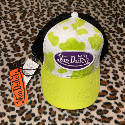 Gorra Von Dutch Vegan Pony Hair Trucker Hat -Lime Green Cow Print